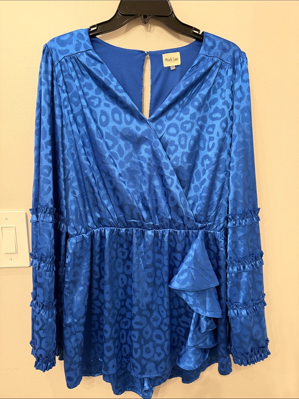 Peach Love California Blue Leopard Jacquard Ruffle Romper
